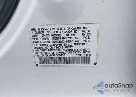 2006 Honda Ridgeline Rts из США, поврежденный, VIN 2HJYK16416H560428